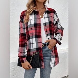 Plaid Button-Up Shirt - Red, Black, and White Size M